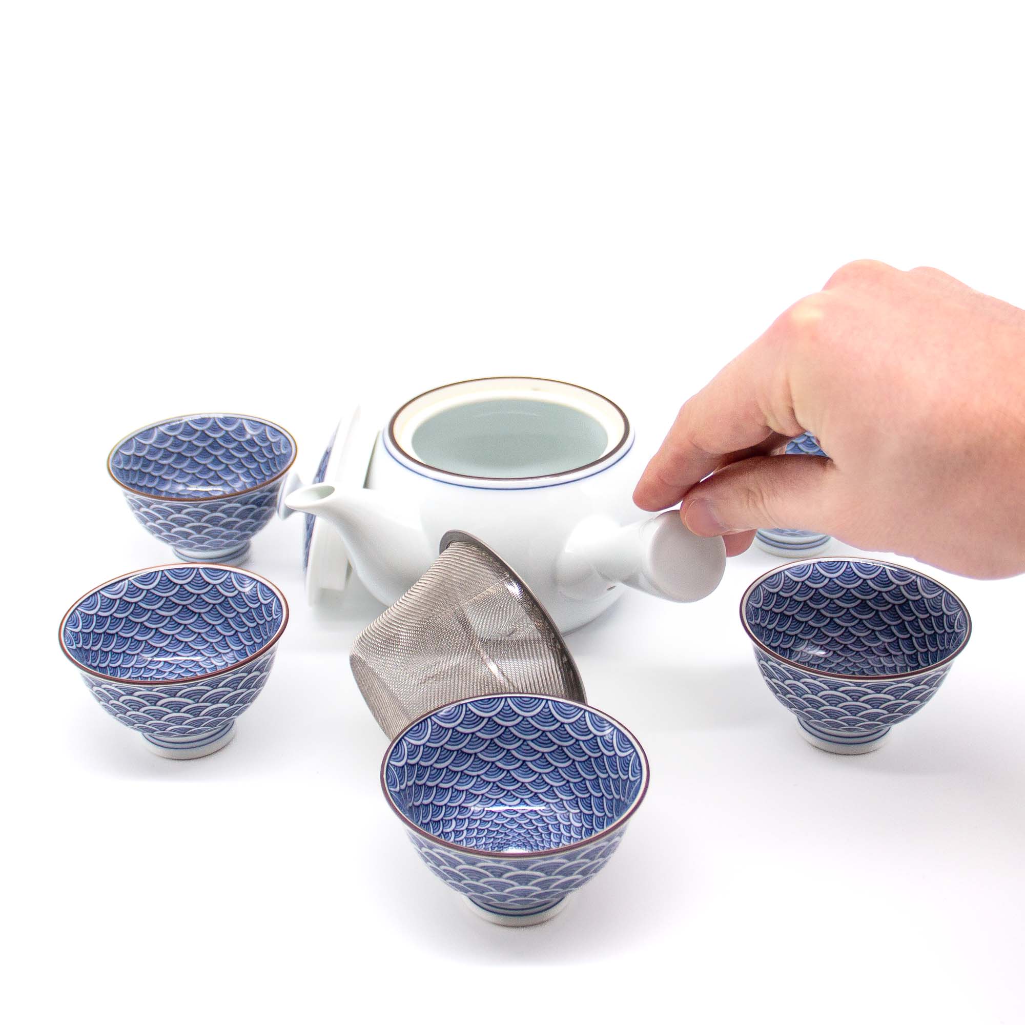 KIYOMIZU Jikichabin Komplett-Set Porzellankanne 300 ml Weiß Blau – Bild 2